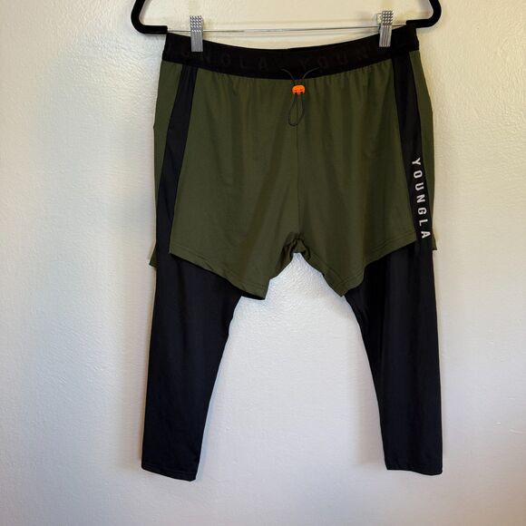 YoungLA 2-in-1 Shorts with Leggings Gym Running Training Pants Olive Black Small - Picture 1 of 7